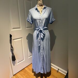 GOA Blue Striped Linen Button-Down Maxi Dress—Size M—Made in France